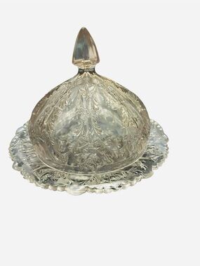 vintage Imperial Glass Company round dome butter dish featuring a Cosmos floral